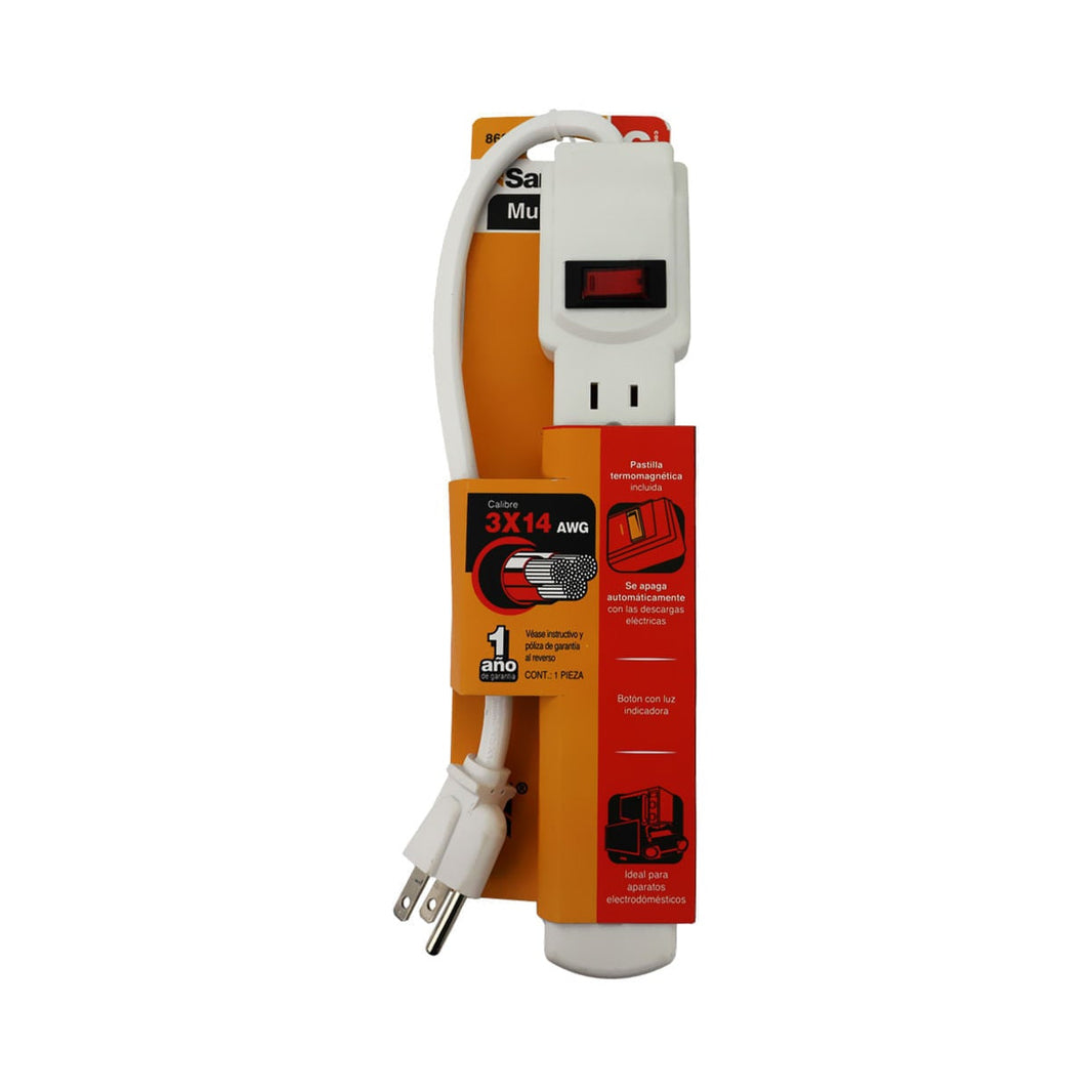 Multicontacto Sanelec en Barra, 6 Contactos, 15A, con Interruptor Protector y Luz Indicadora