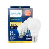 Foco LED Philips Essential, 8W (Equivale a 60W), Luz Blanca Cálida, Base E27, Paquete de 4