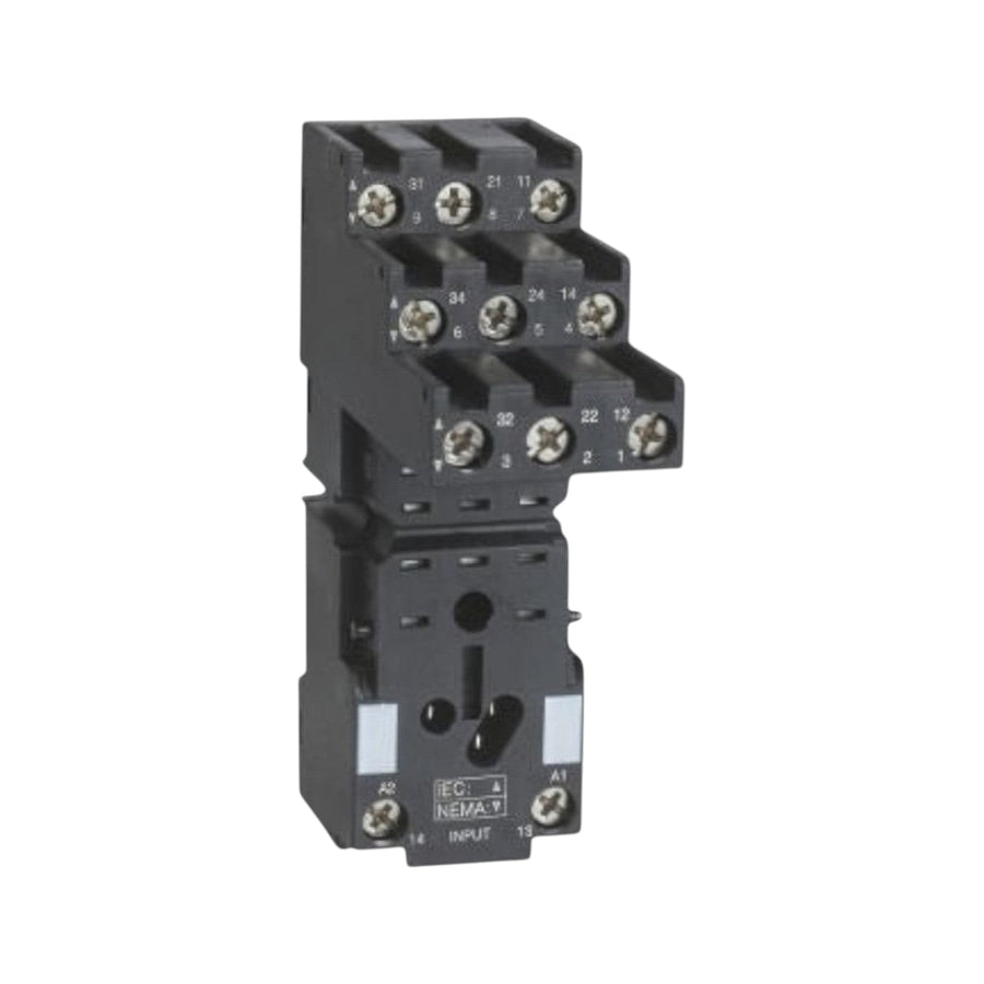 Base para relevador miniatura Schneider de 11 pines con terminales de tornillo, disponible en PEFSA | Productos Eléctricos y Ferreteros