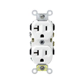 Contacto dúplex Leviton de 20A y 125V en color blanco con diseño NEMA 5-20R, disponible en PEFSA | Productos Eléctricos y Ferreteros
