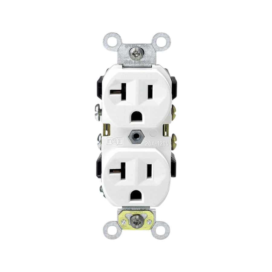 Contacto dúplex Leviton de 20A y 125V en color blanco con diseño NEMA 5-20R, disponible en PEFSA | Productos Eléctricos y Ferreteros