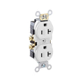 Contacto dúplex Leviton de 20A y 125V en color blanco, disponible en PEFSA | Productos Eléctricos y Ferreteros