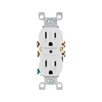 Contacto dúplex Leviton blanco de 15A y 125V con conexión a tierra, disponible en PEFSA | Productos Eléctricos y Ferreteros
