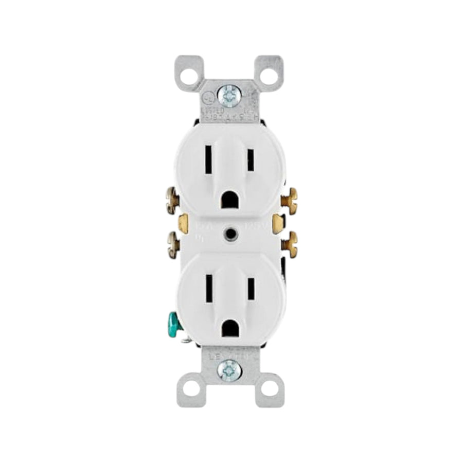 Contacto dúplex Leviton blanco de 15A y 125V con conexión a tierra, disponible en PEFSA | Productos Eléctricos y Ferreteros