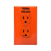 Kit de contacto dúplex naranja Leviton con tierra aislada y placa, ideal para equipos electrónicos sensibles en PEFSA.