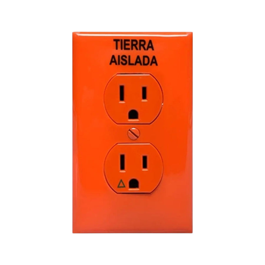 Kit de contacto dúplex naranja Leviton con tierra aislada y placa, ideal para equipos electrónicos sensibles en PEFSA.