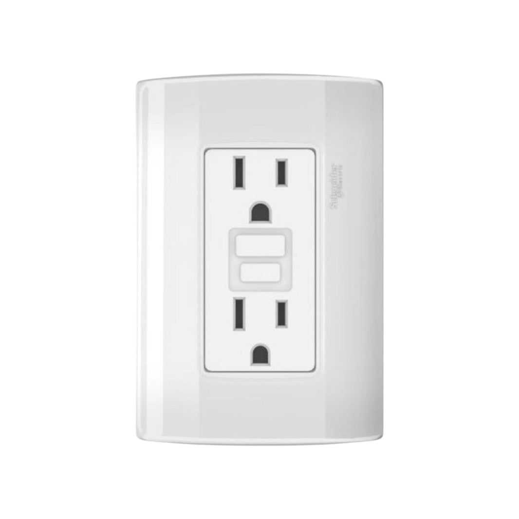 Contacto dúplex GFCI blanco Schneider Electric de 15A con placa de pared, ideal para áreas húmedas y seguridad.