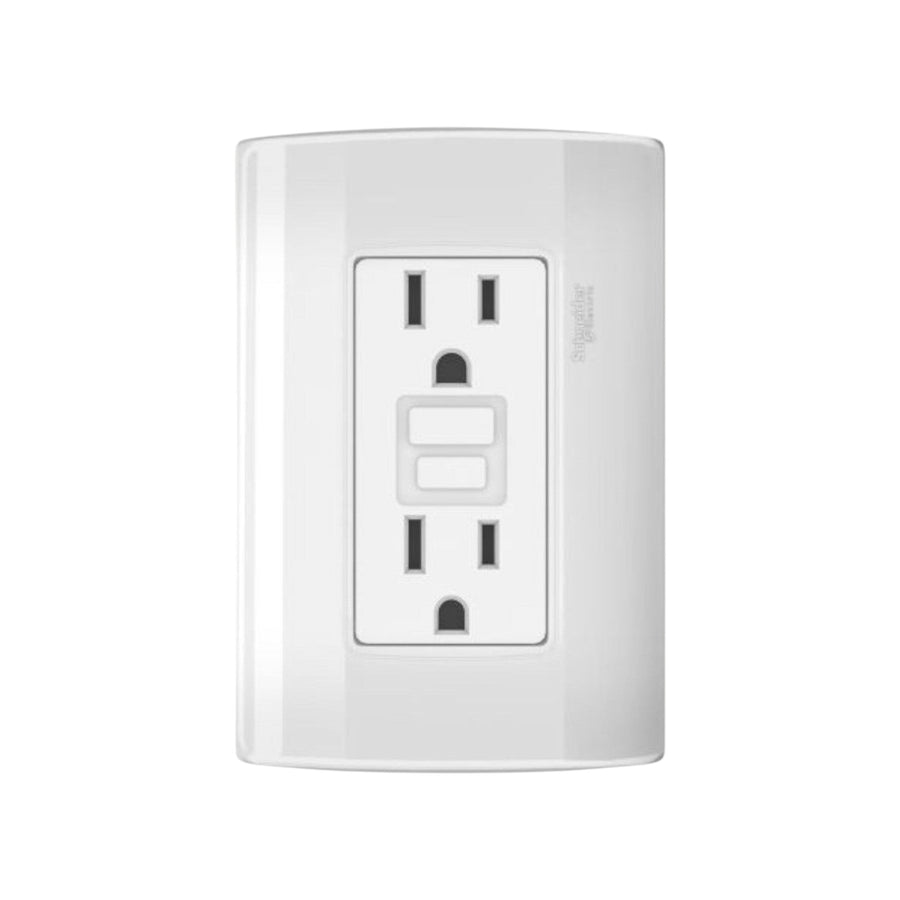 Contacto dúplex GFCI blanco Schneider Electric de 15A con placa de pared, ideal para áreas húmedas y seguridad.