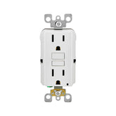 Contacto dúplex GFCI Leviton de 15A en color blanco con botones de prueba y restablecimiento para seguridad eléctrica