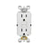 Contacto dúplex GFCI Leviton de 15A en color blanco con botones de prueba y restablecimiento para seguridad eléctrica