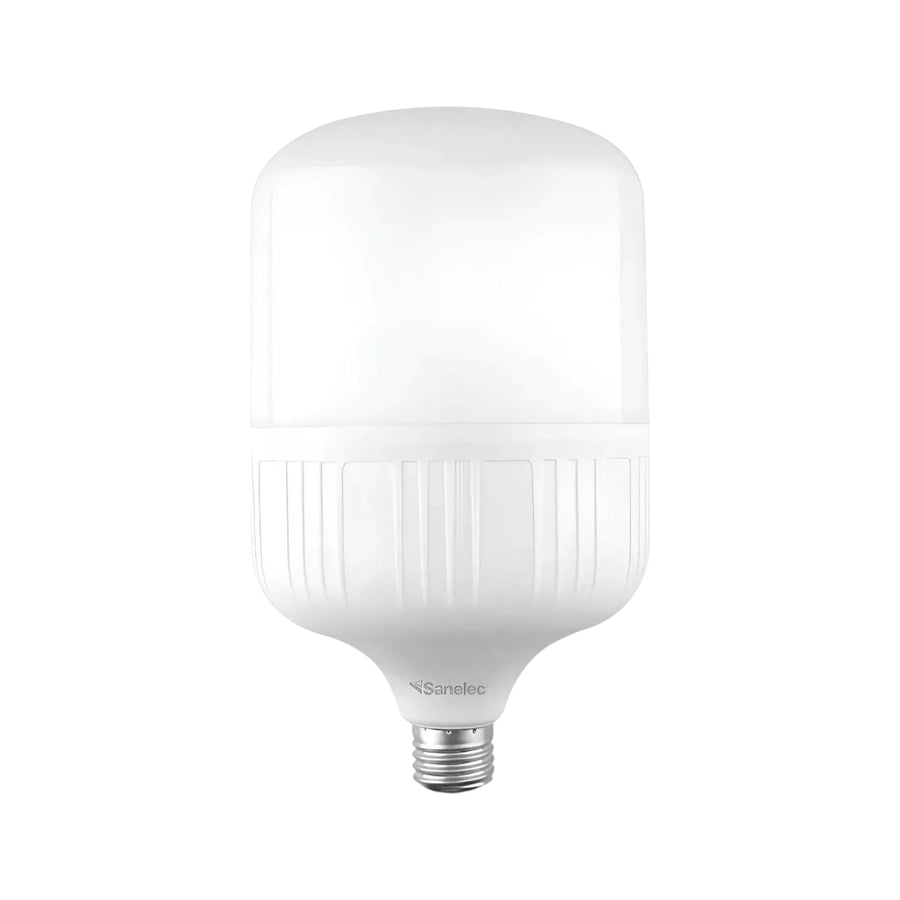 Foco LED de alta potencia Sanelec 50W con luz fría y base E27, disponible en PEFSA | Productos Eléctricos y Ferreteros
