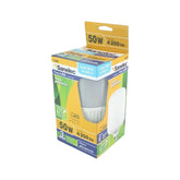 Empaque de foco LED Sanelec de 50W con luz fría, base E27 y alta potencia, vendido por PEFSA | Productos Eléctricos y Ferreteros