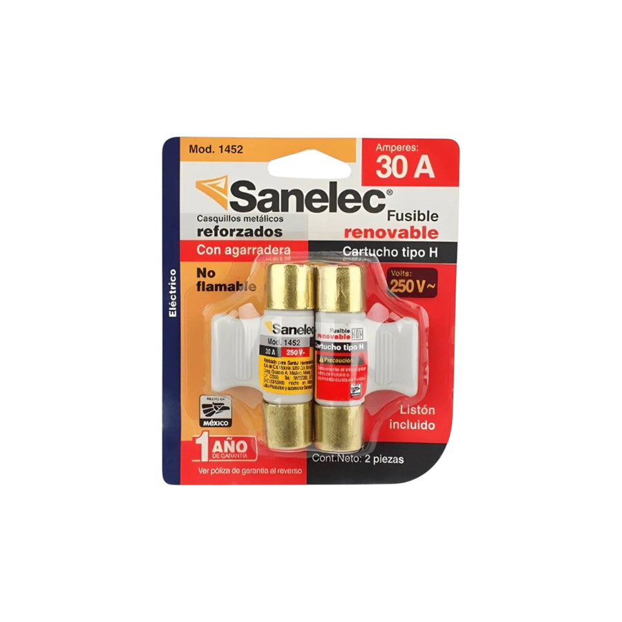 Juego de 2 fusibles Sanelec de 30A 250V con agarradera de plástico en empaque original de PEFSA | Productos Eléctricos y Ferreteros