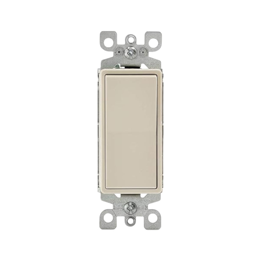 Interruptor de 3 vías Leviton Decora iluminado en color blanco con diseño de paleta para control de iluminación.