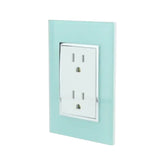 Placa armada Sanelec Venecia color aqua con dos contactos polarizados, diseño moderno para instalaciones eléctricas.