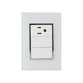 Placa armada Sanelec Venecia blanca con dos apagadores y un contacto aterrizado, disponible en PEFSA | Productos Eléctricos y Ferreteros