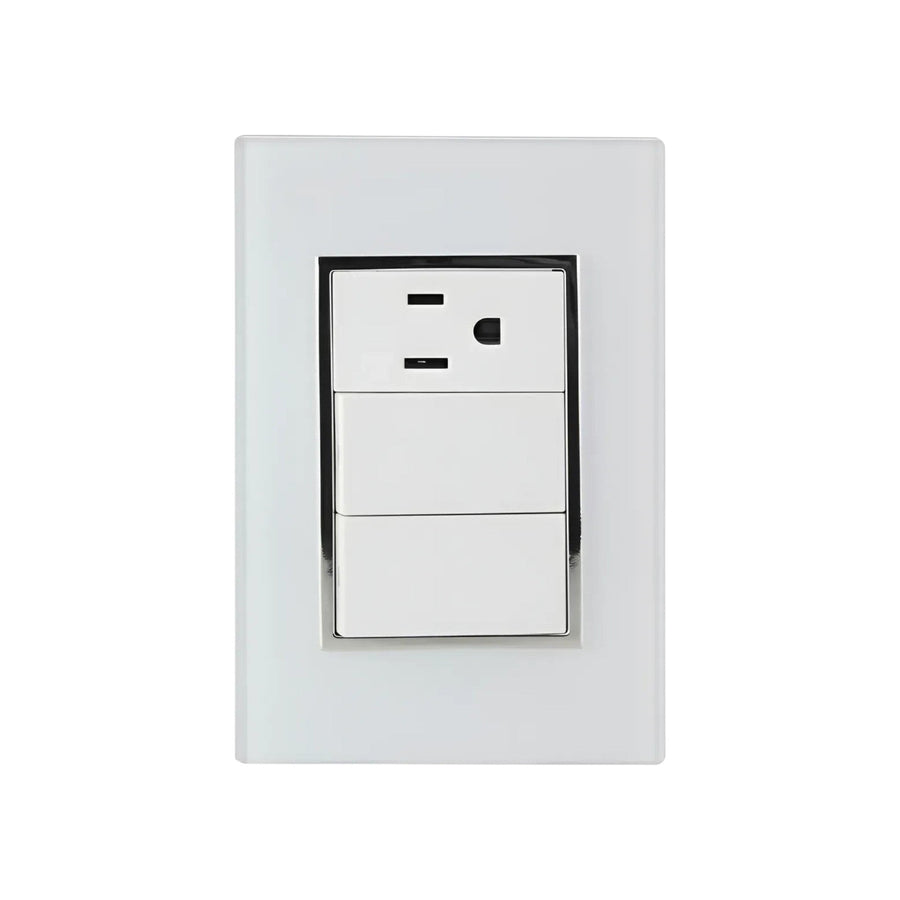 Placa armada Sanelec Venecia blanca con dos apagadores y un contacto aterrizado, disponible en PEFSA | Productos Eléctricos y Ferreteros