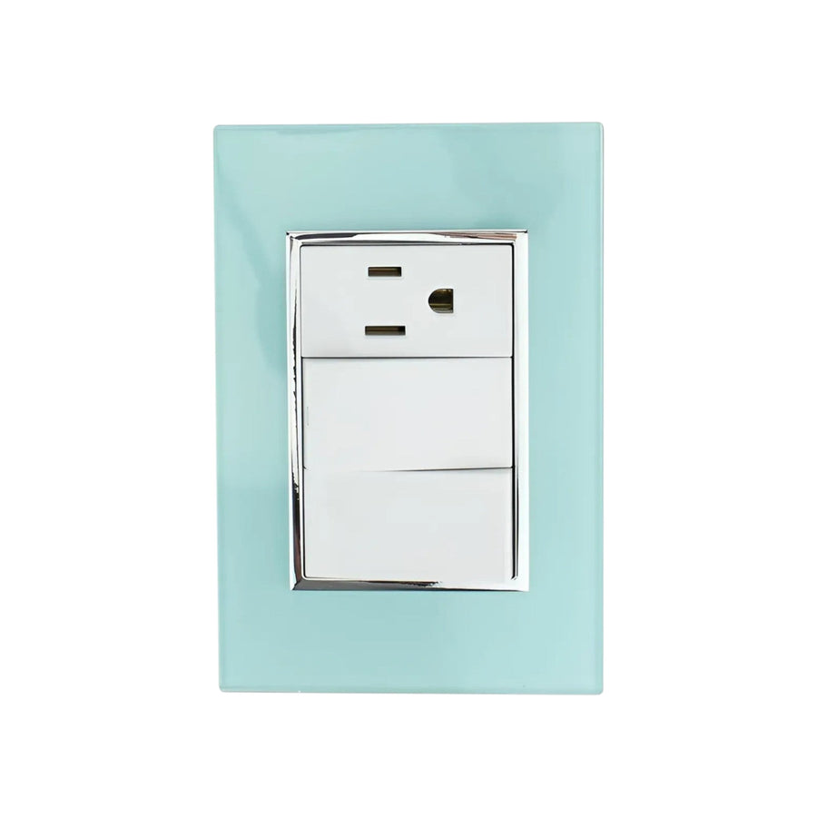 Placa armada Sanelec Venecia Aqua con dos apagadores y un contacto, acabado color agua, disponible en PEFSA | Productos Eléctricos y Ferreteros