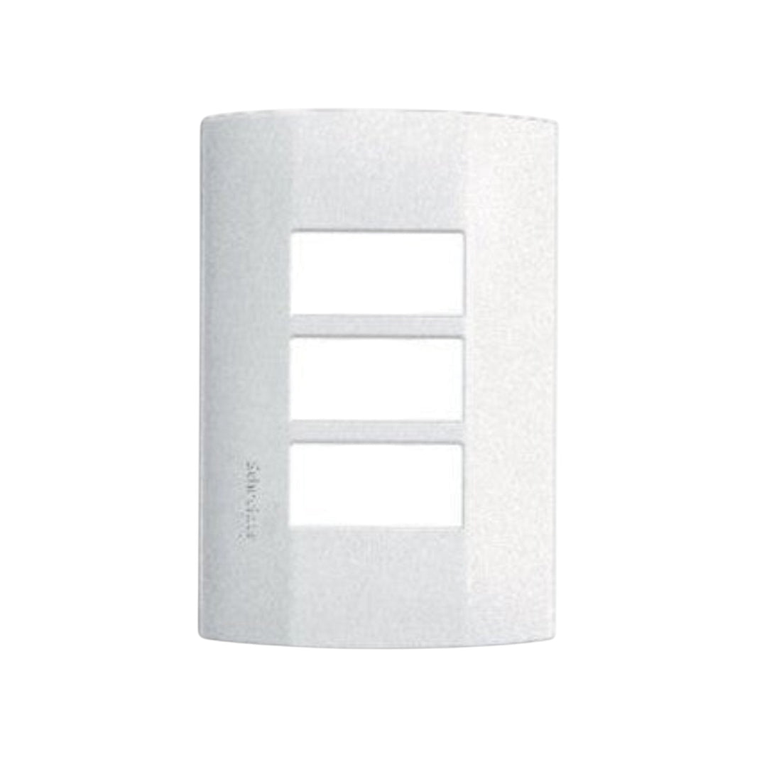 Placa de 3 módulos Schneider Electric línea Duna en color blanco, fabricada en policarbonato resistente de PEFSA.