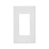 Placa de pared blanca Leviton Decora Plus de una unidad fabricada en nylon irrompible con diseño sin tornillos visibles.