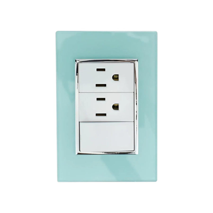 Placa armada Sanelec Venecia Aqua con un apagador y dos contactos polarizados en color azul claro para uso exterior.