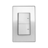 Placa armada Sanelec con un apagador sencillo y uno de escalera en color blanco, disponible en PEFSA | Productos Eléctricos y Ferreteros