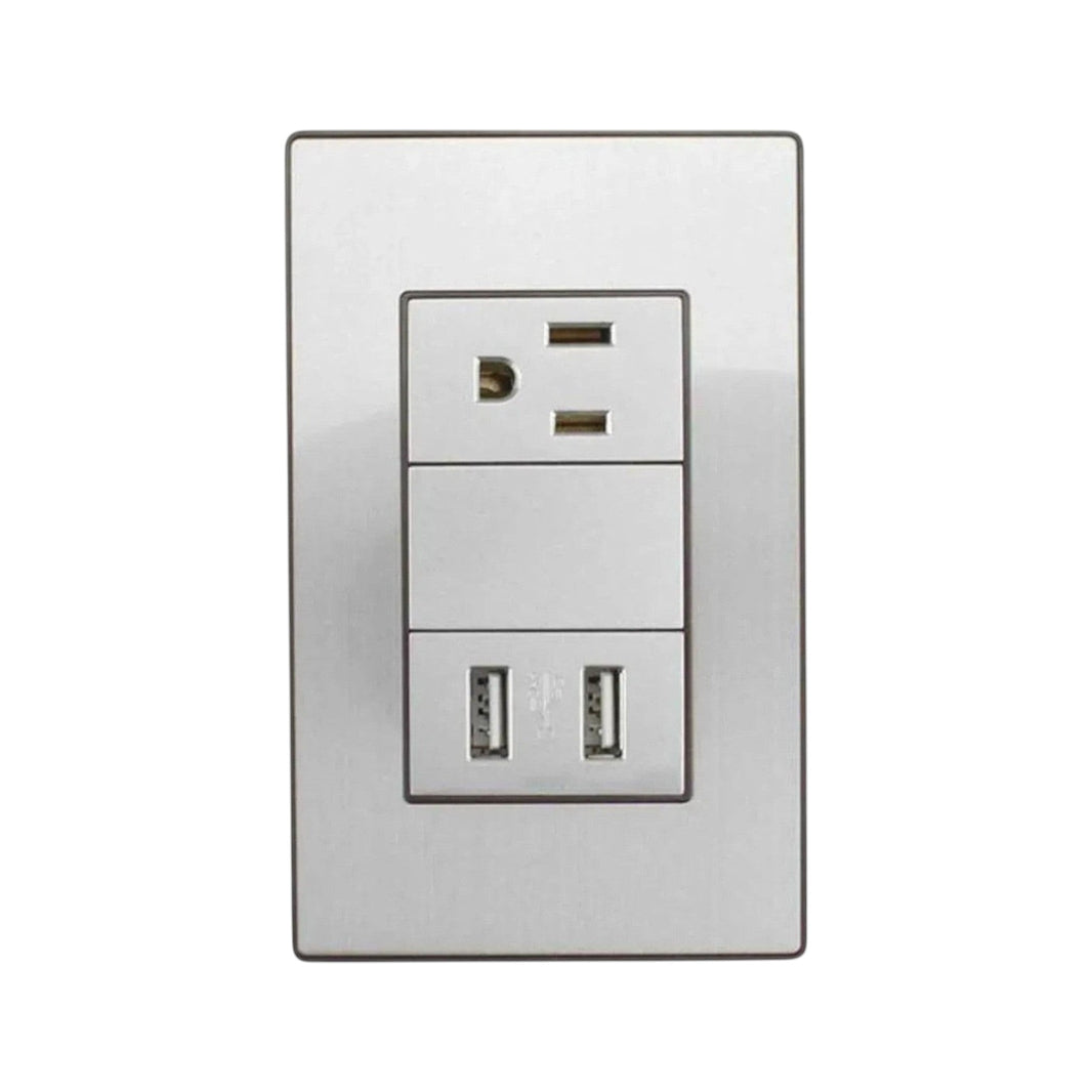 Placa armada Sanelec Cordoba gris con un contacto eléctrico y dos puertos USB de carga rápida en PEFSA