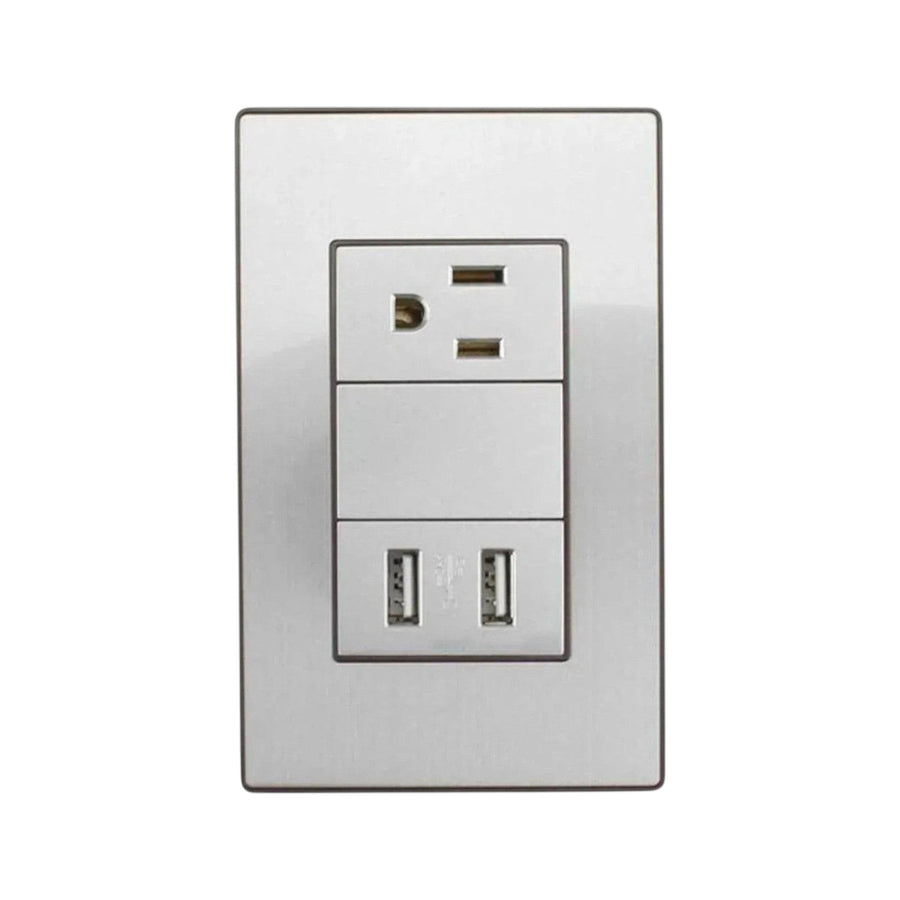 Placa armada Sanelec Cordoba gris con un contacto eléctrico y dos puertos USB de carga rápida en PEFSA