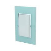 Placa armada Sanelec Venecia Aqua con apagador sencillo, diseño en color agua y marco cromado para uso exterior.