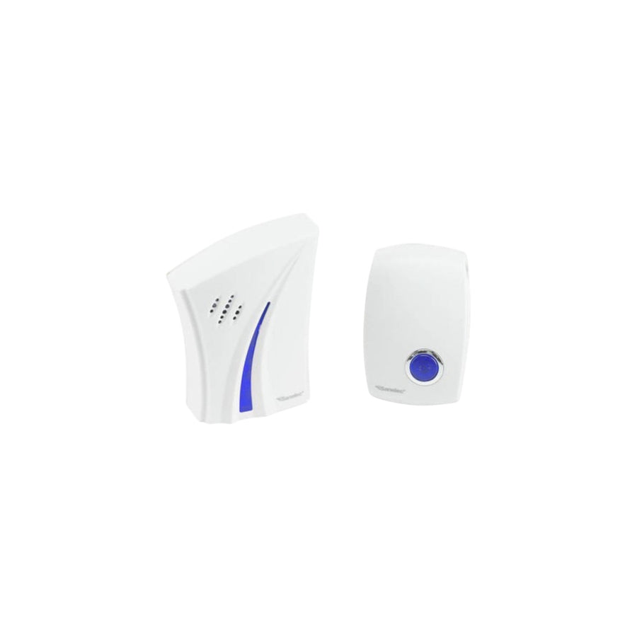 Timbre inalámbrico Sanelec de PEFSA | Productos Eléctricos y Ferreteros con receptor blanco y pulsador azul