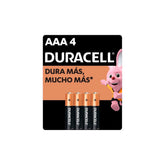 Pilas Alcalinas Duracell, Tamaño AAA, Larga Duración, Paquete de 4 Piezas
