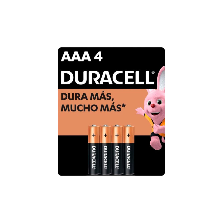 Pilas Alcalinas Duracell, Tamaño AAA, Larga Duración, Paquete de 4 Piezas