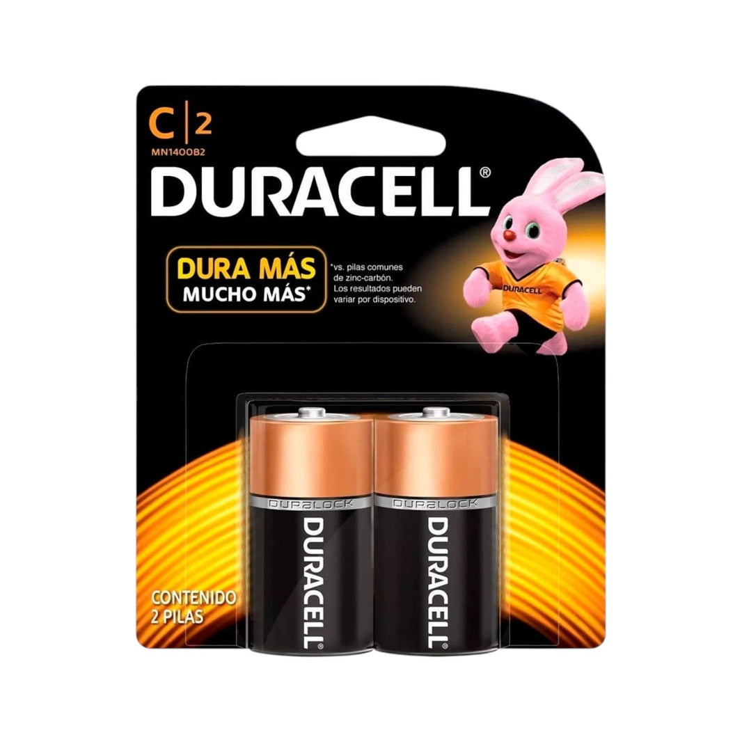Pilas Alcalinas Duracell, Tamaño C, Larga Duración, Paquete de 2 Piezas