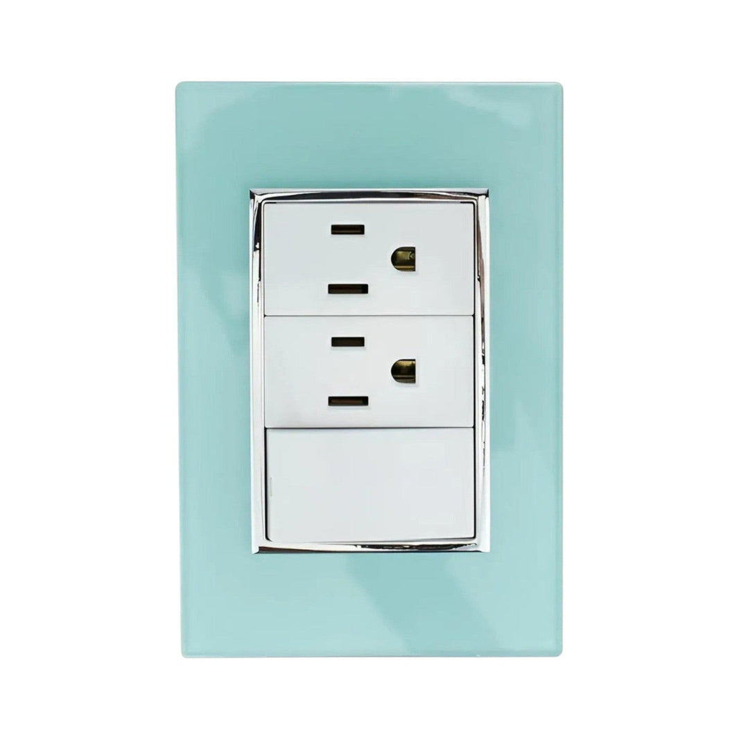 Placa armada Sanelec Venecia Aqua con un apagador y dos contactos polarizados en color azul claro para uso exterior.