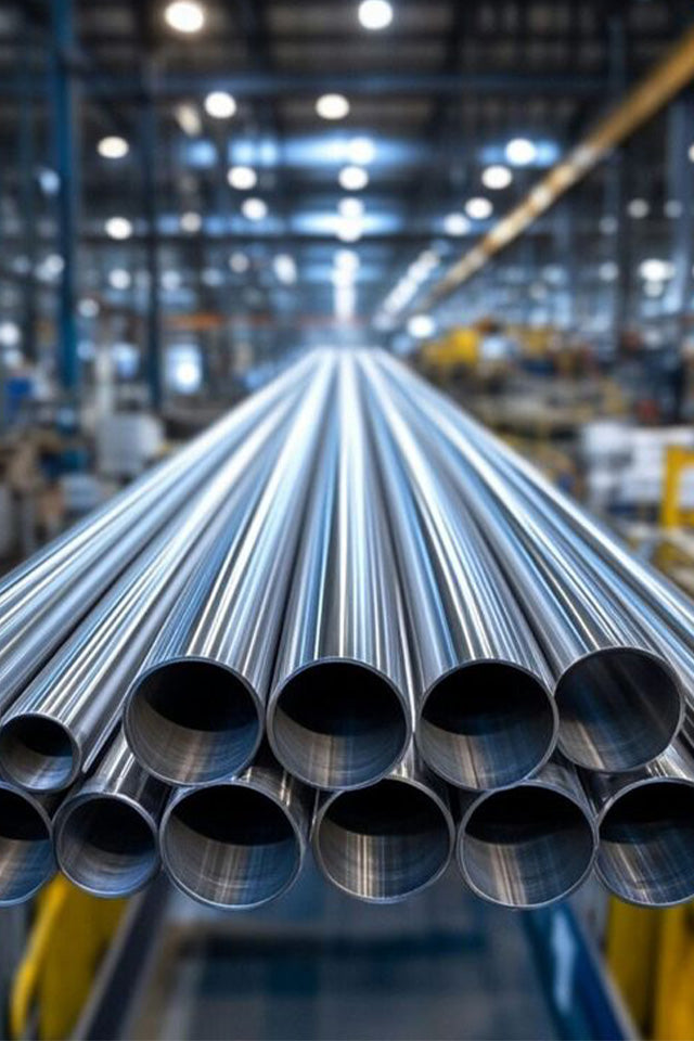 Tubería metálica apilada en una nave industrial